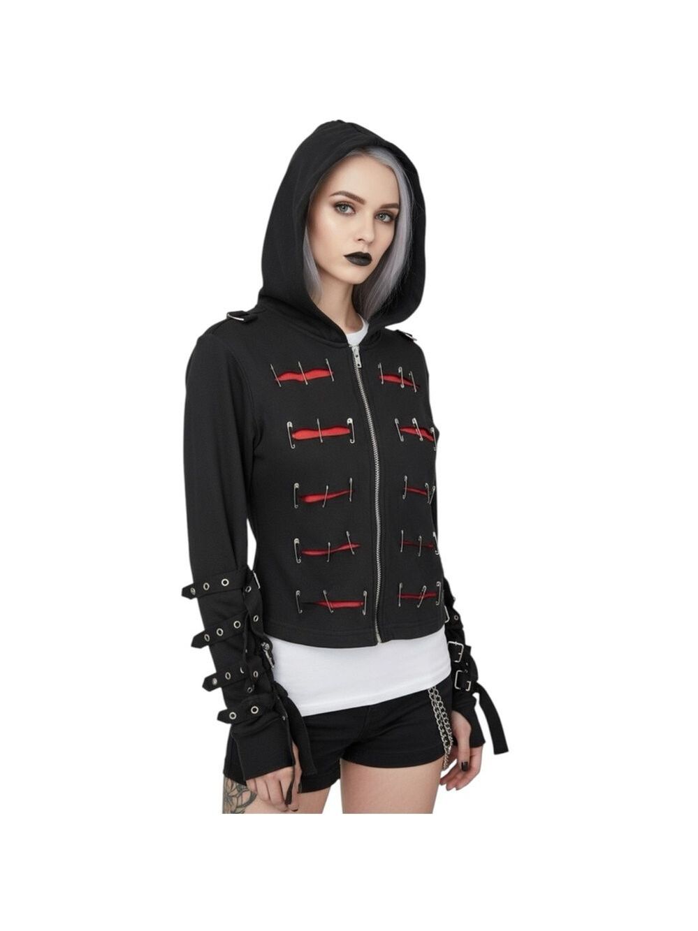 Sexy Dynamite London SDL Safety Pin Hoodie Y2K Goth Punk Black Juniors L Women S